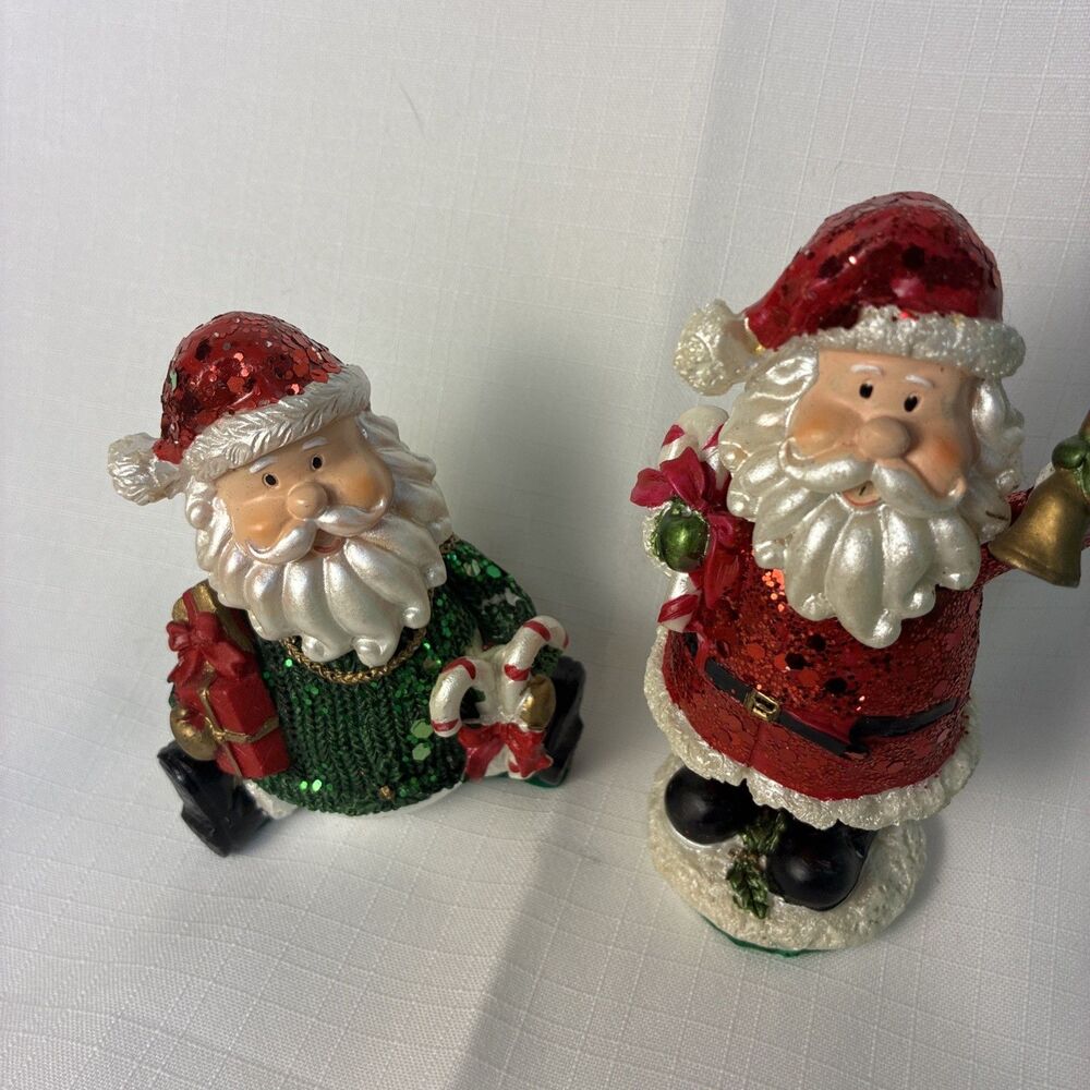 Set Of 2 Christmas Santa Bobble Head Figurines With Green & Red Glitter vintage